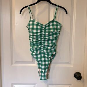 NWT J. Crew ruched sweetheart one piece swimsuit 8 green gingham removable strap